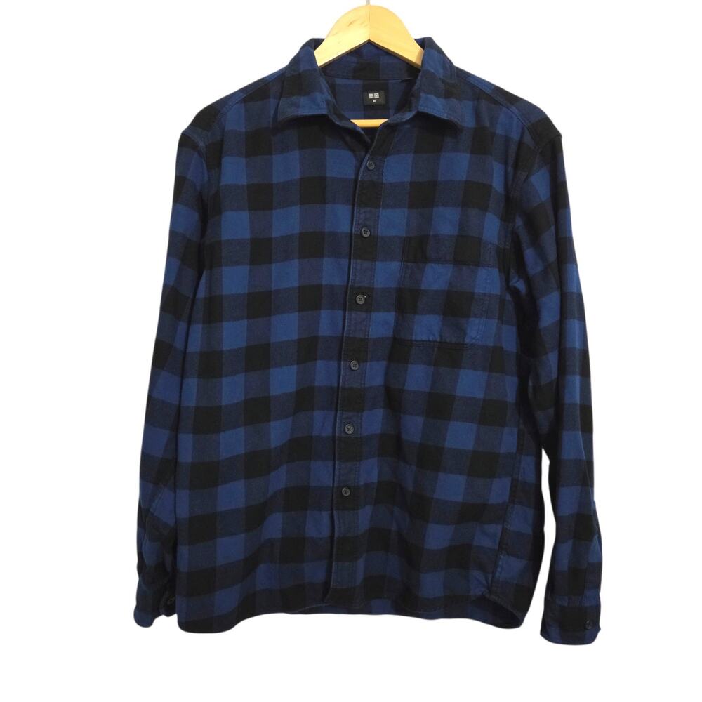 Uniqlo Soft Thick 100% Cotton Plaid Flannel Button Up Shirt Blue Black MEDIUM